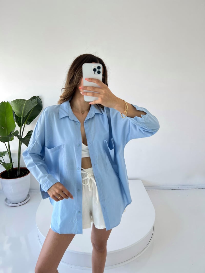 Caliope Bebek Mavisi Keten Oversize Gömlek