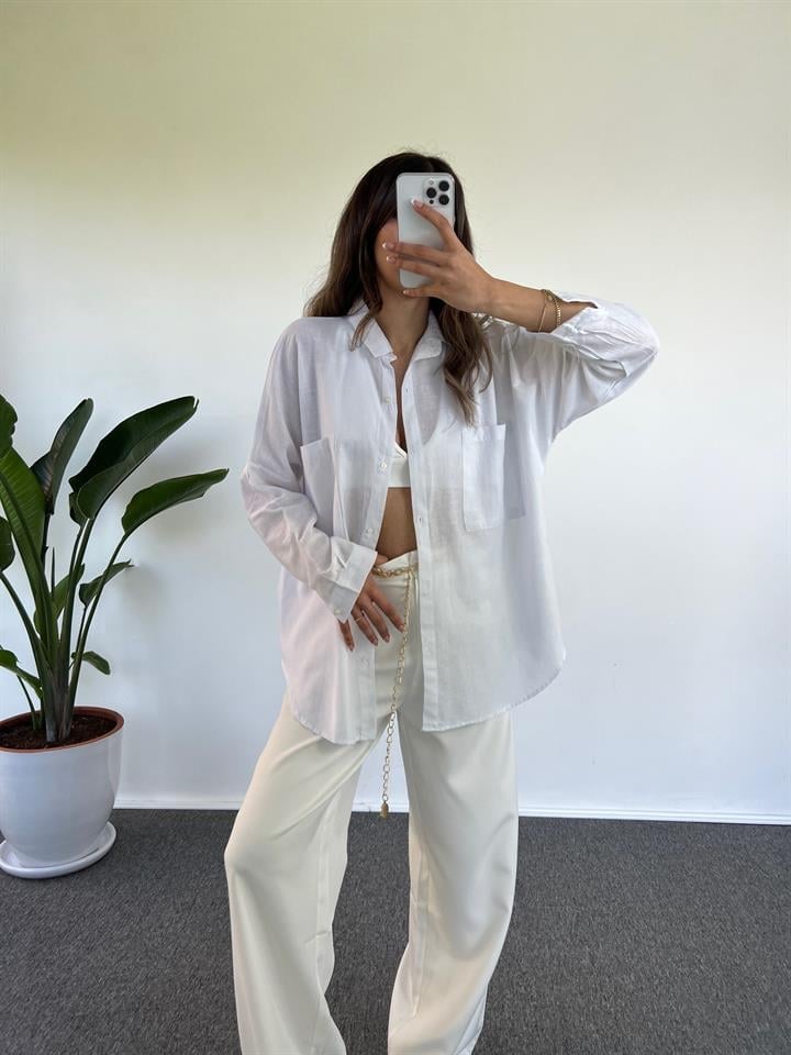 Caliope Beyaz Keten Oversize Gömlek