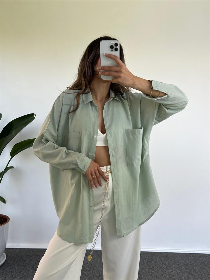 Caliope Mint Yeşili Keten Oversize Gömlek