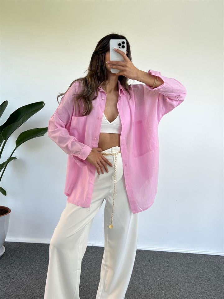 Caliope Pembe Keten Oversize Gömlek