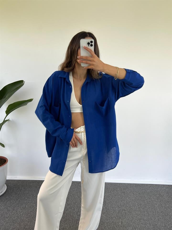 Caliope Saks Mavisi Keten Oversize Gömlek 