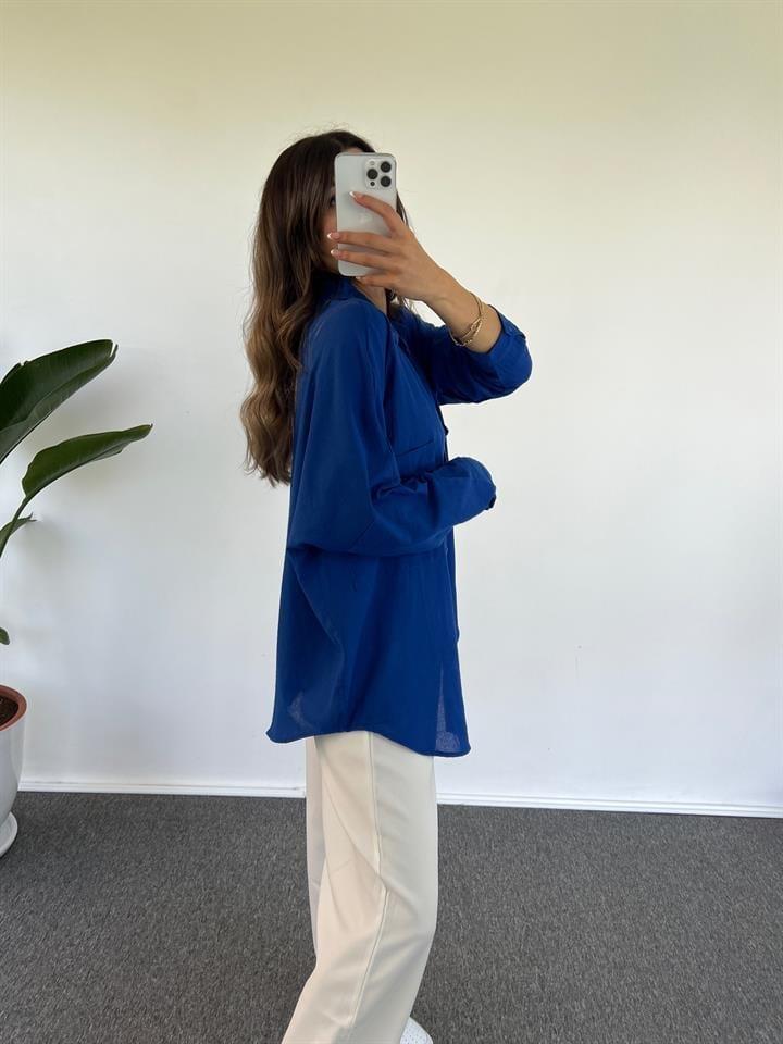 Caliope Saks Mavisi Keten Oversize Gömlek 