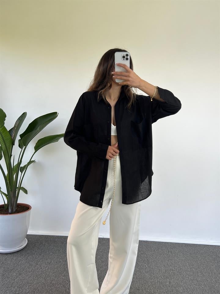 Caliope Siyah Keten Oversize Gömlek