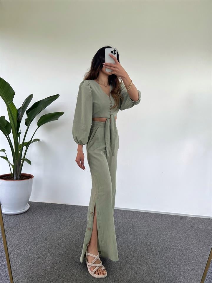 Cassia Mint Yeşili  Keten Crop İkili Takım