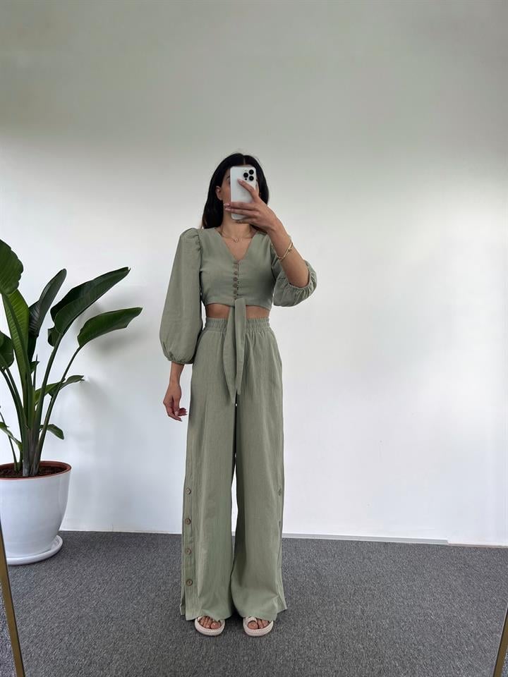 Cassia Mint Yeşili  Keten Crop İkili Takım