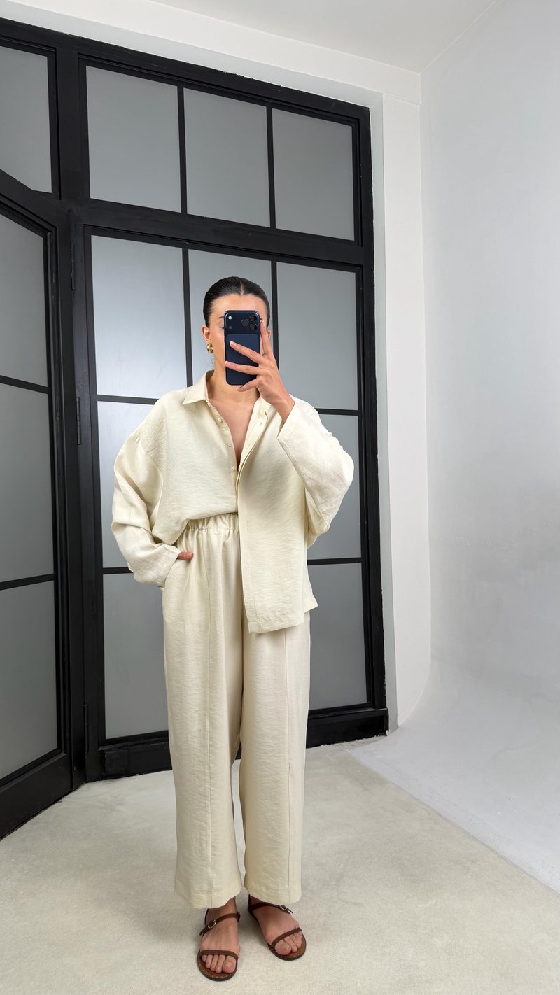 Taş Gömlek Beli Lastikli Pantolon Premium Tencel Kumaş Takım GAUS-01525