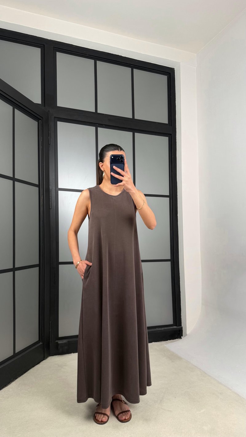 Kahve Sıfır Kol Basic Modal Kumaş Elbise GAUS-01329