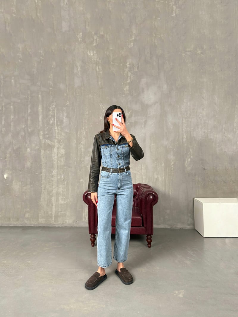 Barnes Eskitme Deri Detaylı Premium Tasarım Denim Tulum