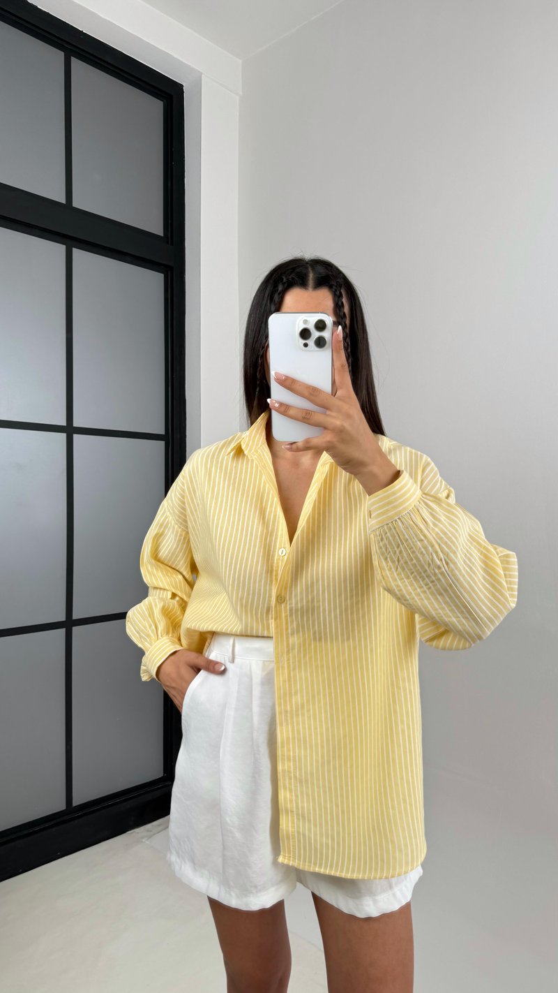 Sarı Beyaz Çizgili Basic Keten Gömlek Gaus00558