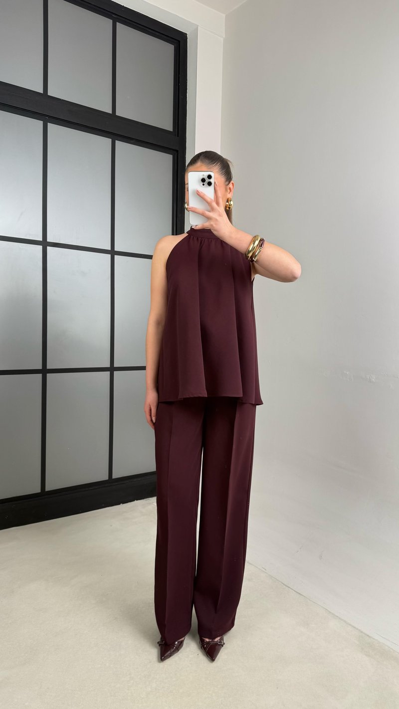 Mürdüm Sıfır Kol Bluz Beli Lastikli Pantolon İkili Premium Takım GAUS-00984