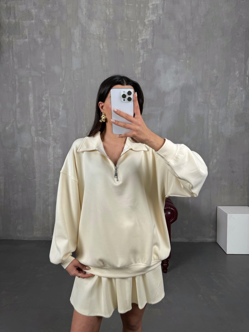 Mizu Krem Yaka Fermuarlı Sweat Pileli Şortlu Etek Modal Takım