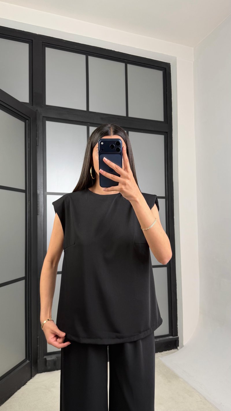 Siyah Vatkalı Bluz Beli Lastikli Pantolon Krep Kumaş Takım GAUS-01485