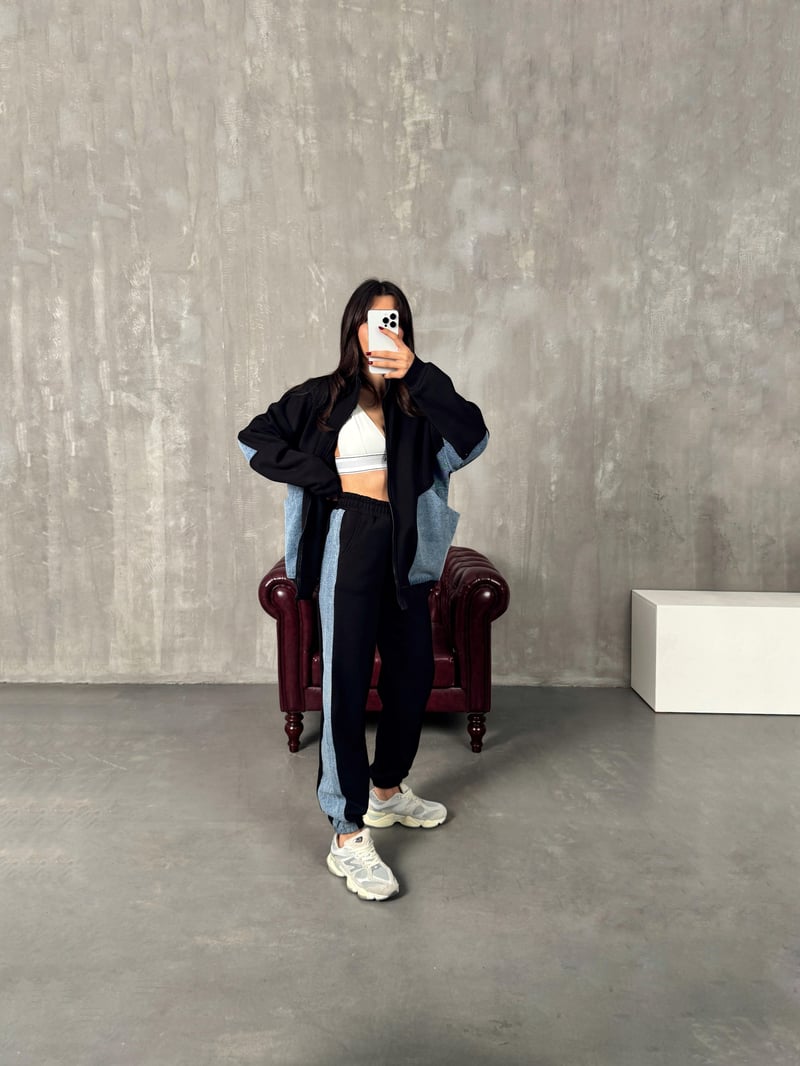 Lome Siyah Denim Karışımlı Şardonlu Oversize Takım