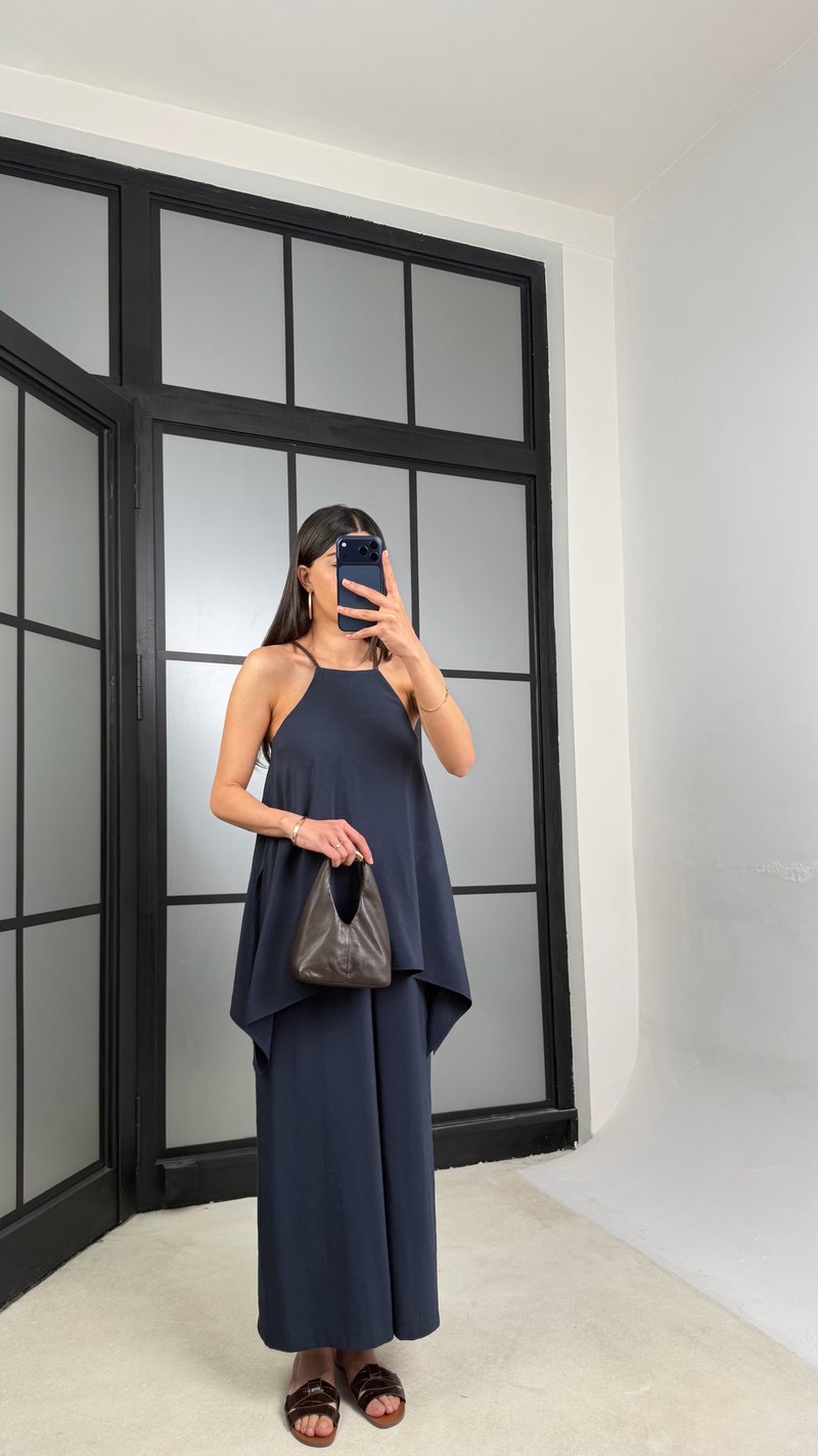 Lacivert Örgü Askılı Tencel Tulum GAUS-01436