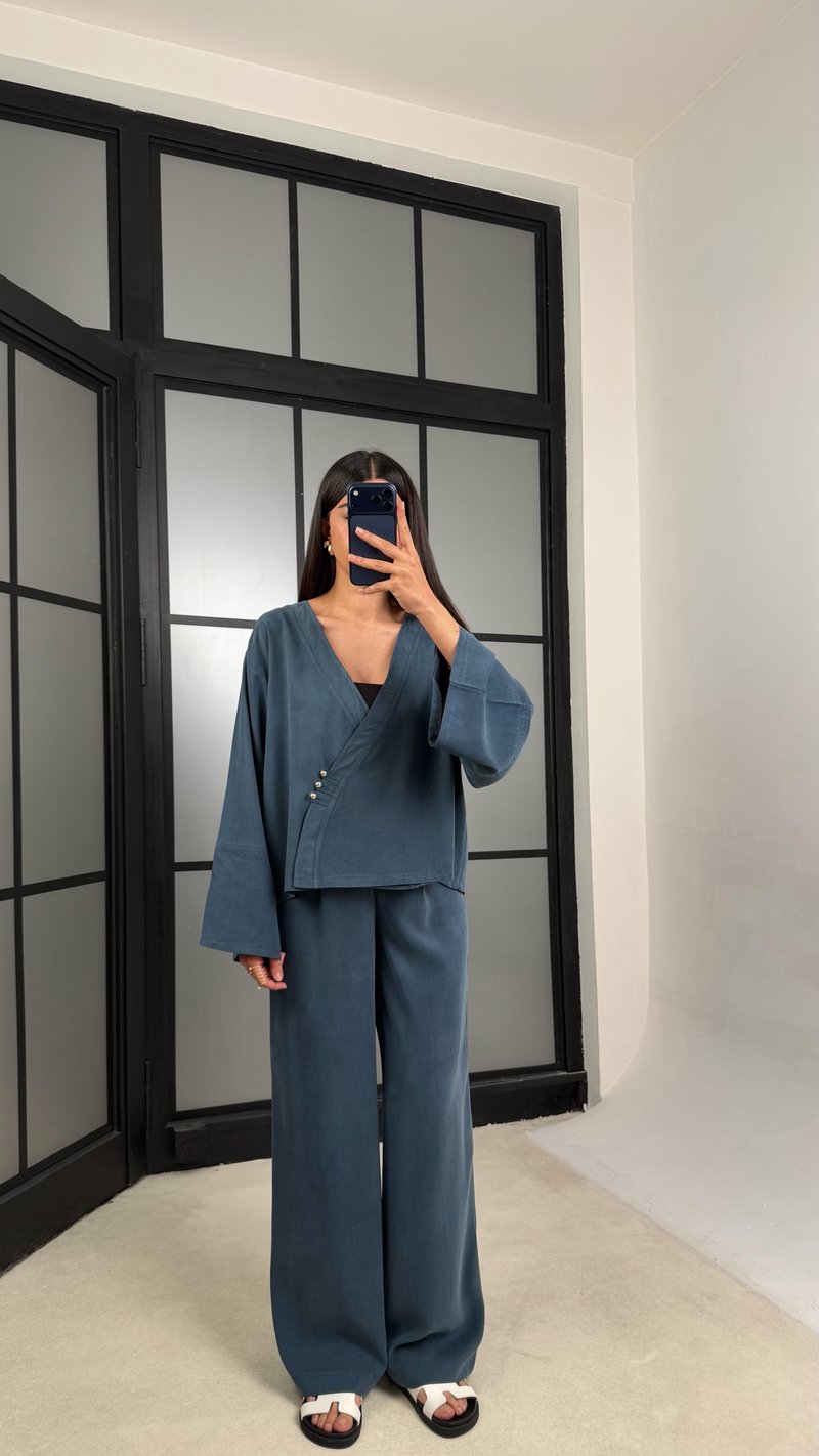 Mavi Zımba Detaylı Kimono Pantolon MD Muadil Tencel Takım GAUS-01451
