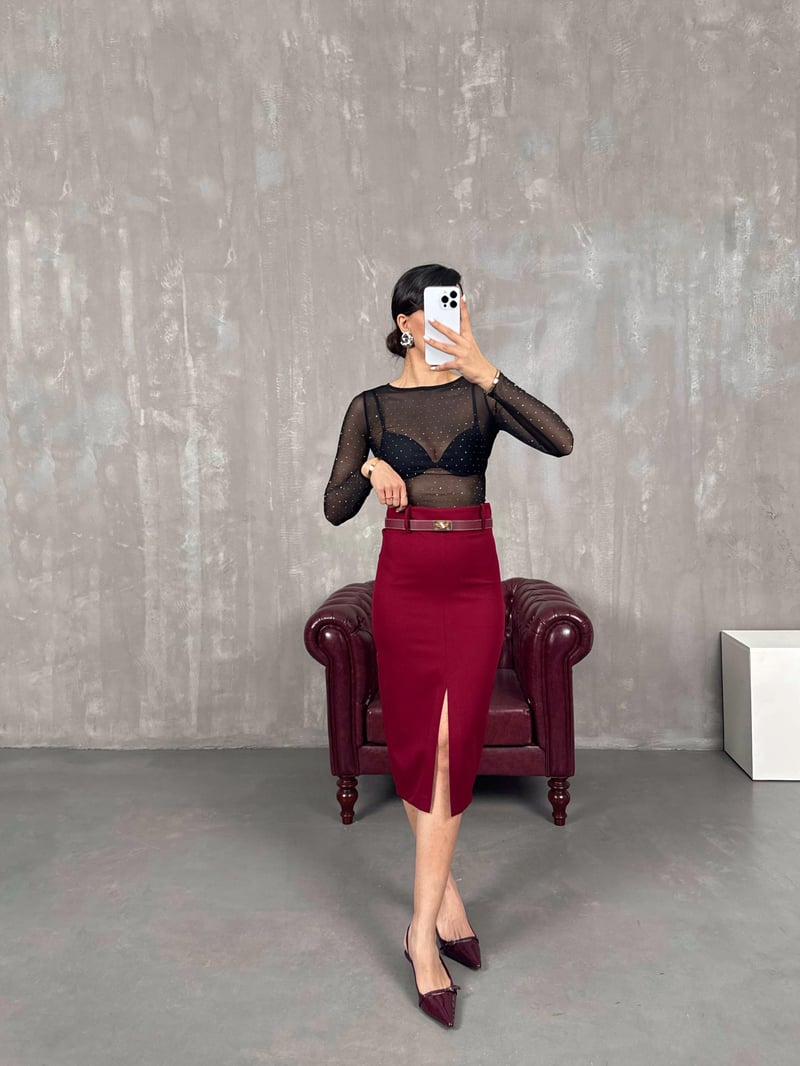 Bordo Yırtmaçlı Muadil Kalem Etek Gaus00047