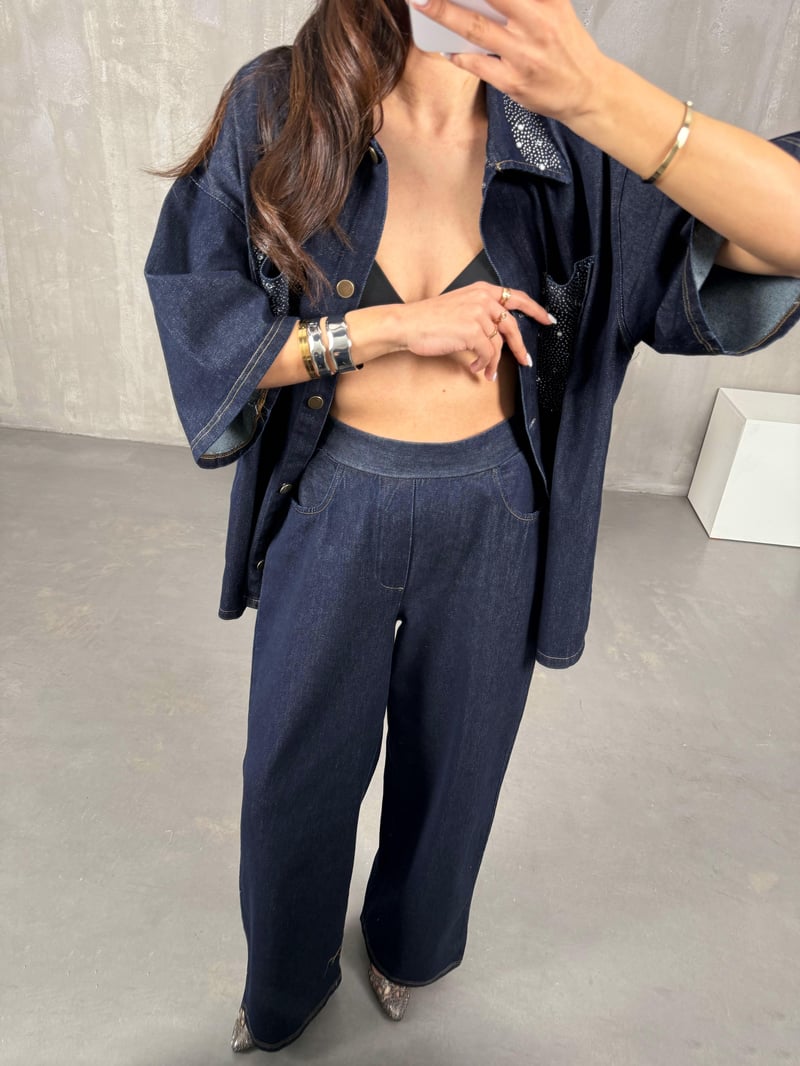 Lacivert Cep Taş İşlemeli Gömlek Pantolon Denim Takım Gaus00037