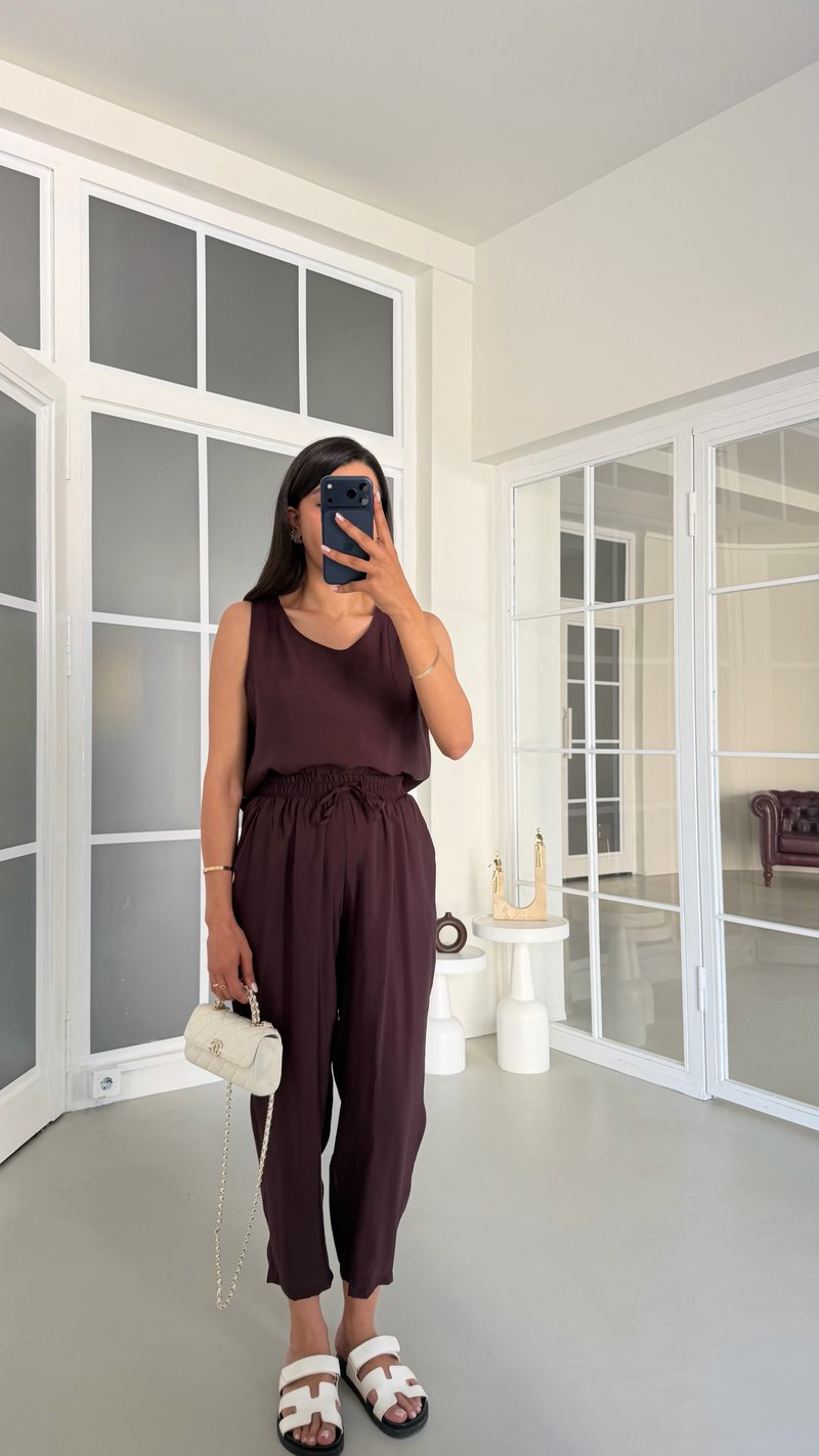 Mürdüm Bluz Beli Lastikli Pantolon İkili Tencel Takım GAUS-01769