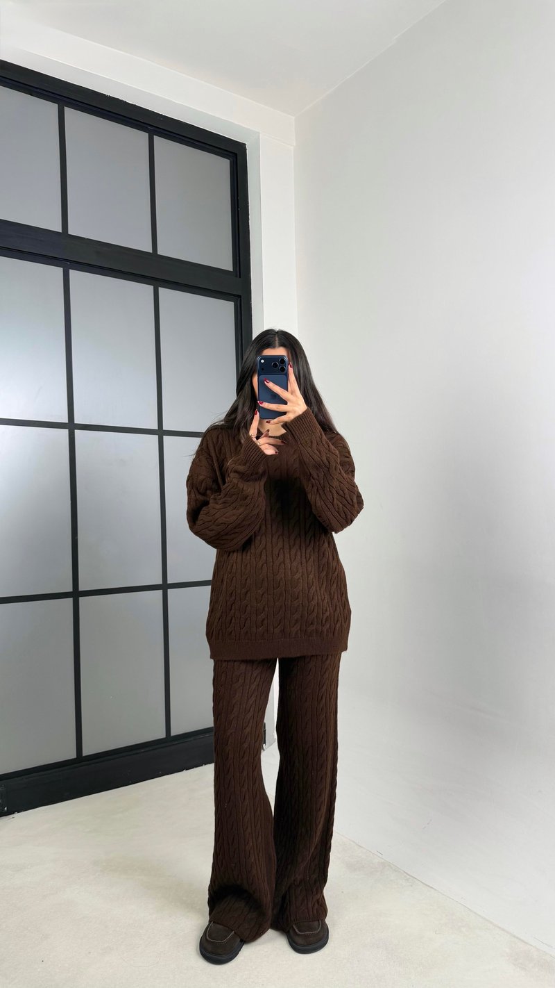 Kahve Saç Örgülü Kazak Beli Lastikli Pantolon Triko Takım GAUS-00592