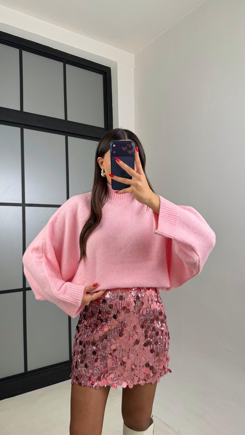 Pembe Balıkçı Yaka Yarasa Kol Triko Kazak GAUS-00928
