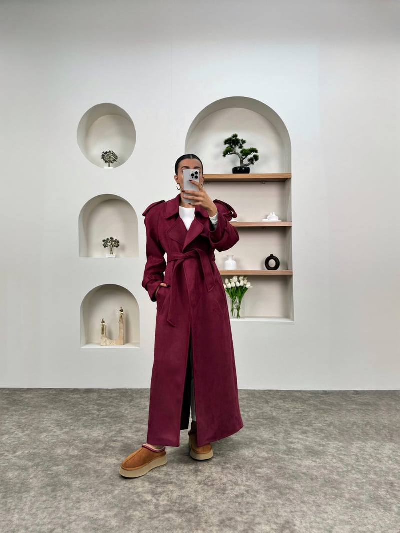 Aura Bordo Kuşaklı Premium Süet Kaban