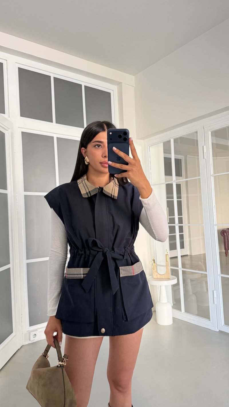 Lacivert Ekose Detaylı Astarlı Cepli Yelek GAUS-02010