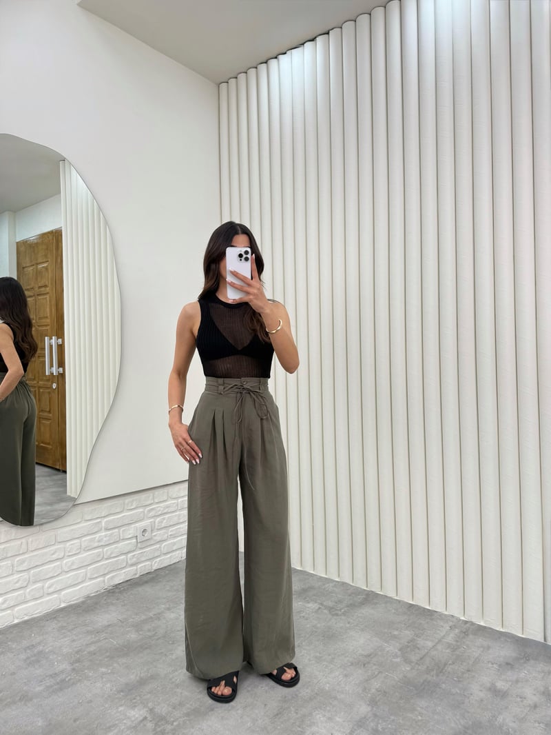 Haki Çift Kuşaklı Tensel Kırışık Kumaş Palazzo Pantolon Gaus00302