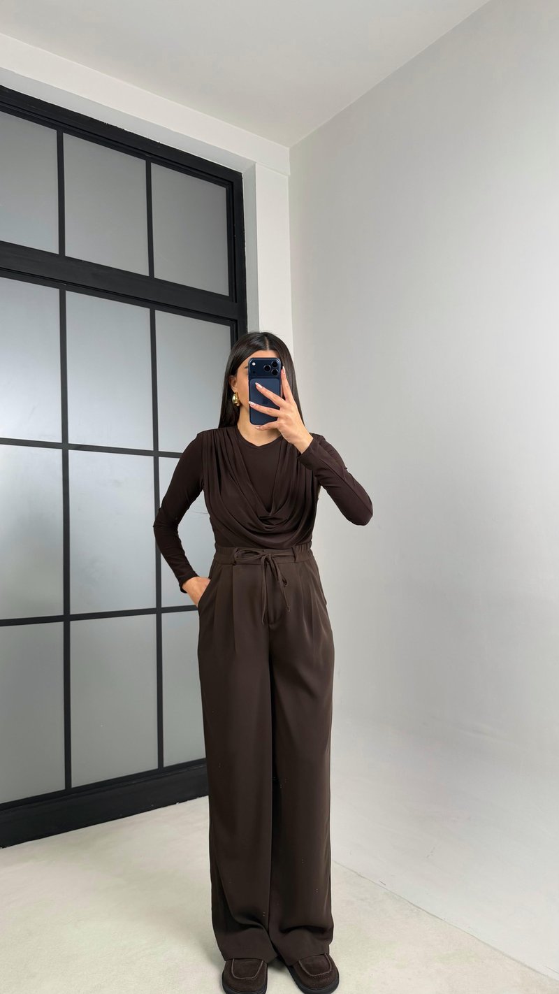 Acı Kahve Beli Lastikli Kuşaklı İthal Kumaş Pantolon GAUS-00869