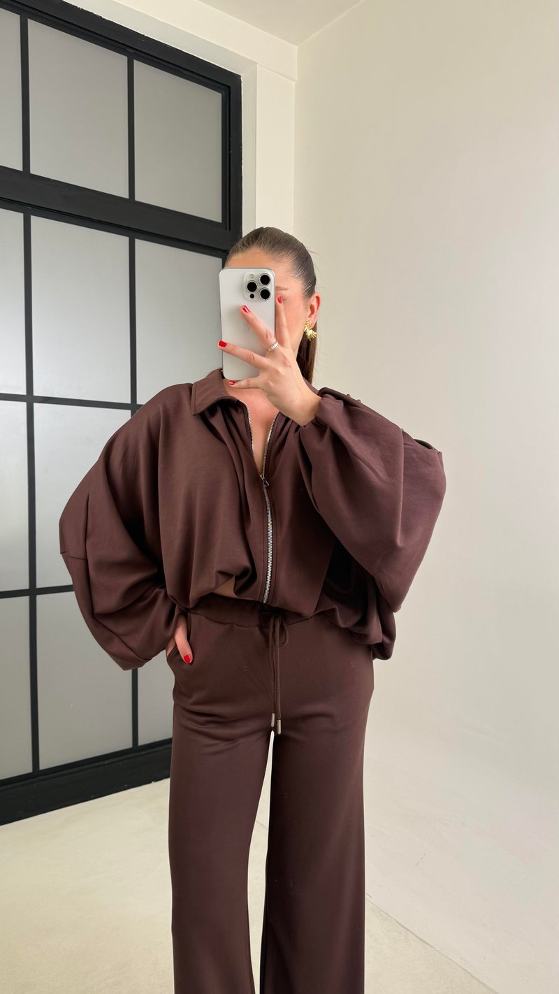 Kahve Bomber Hırka Beli Lastikli Pantolon İkili Takım GAUS-00556