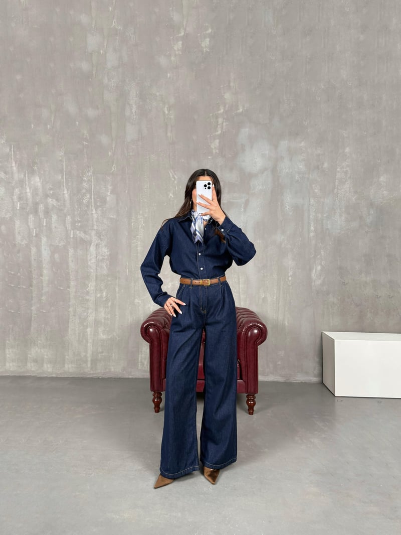 Koyu Mavi Çıtçıt Düğmeli Gömlek Pantolon Denim Takım Gaus0002