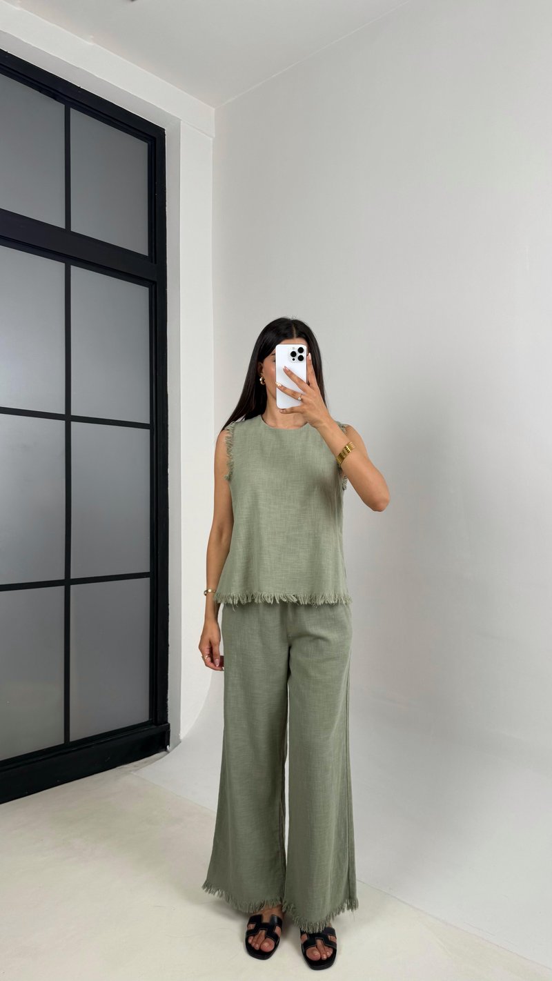 Yeşil Püskül Detaylı Bluz Beli Lastikli Cepli Pantolon Keten Takım Gaus00646 