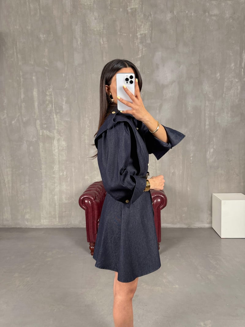 Lacivert Düğmeli Kemerli Muadil Denim Elbise Gaus00128