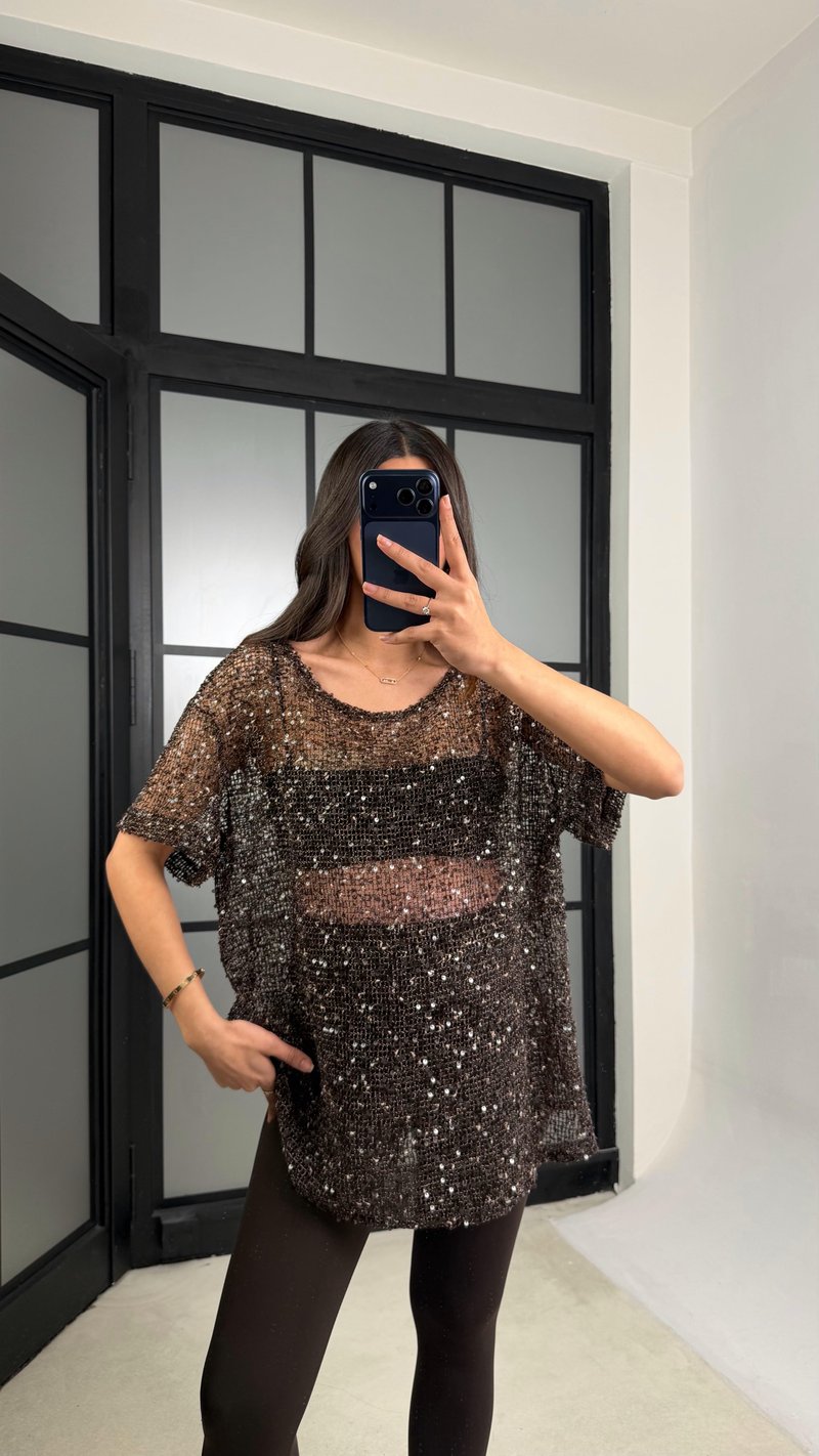 Acı Kahve Muadil Pul İşleme Detaylı İthal Oversize Bluz GAUS-01187