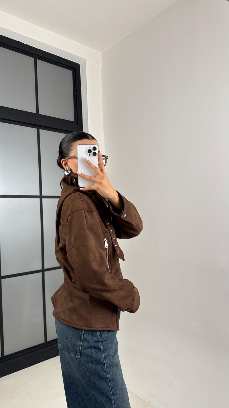 Kahve Dik Yaka Kemer Detaylı Premium Süet Ceket GAUS-00519