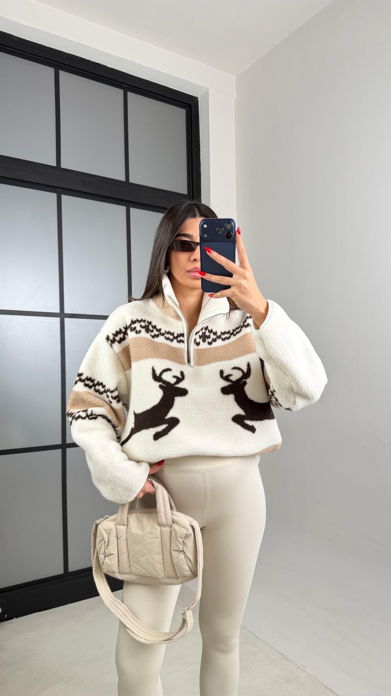 Vizon Fermuarlı Geyik Desenli Polar Sweatshirt GAUS-00723 GAUS-01022