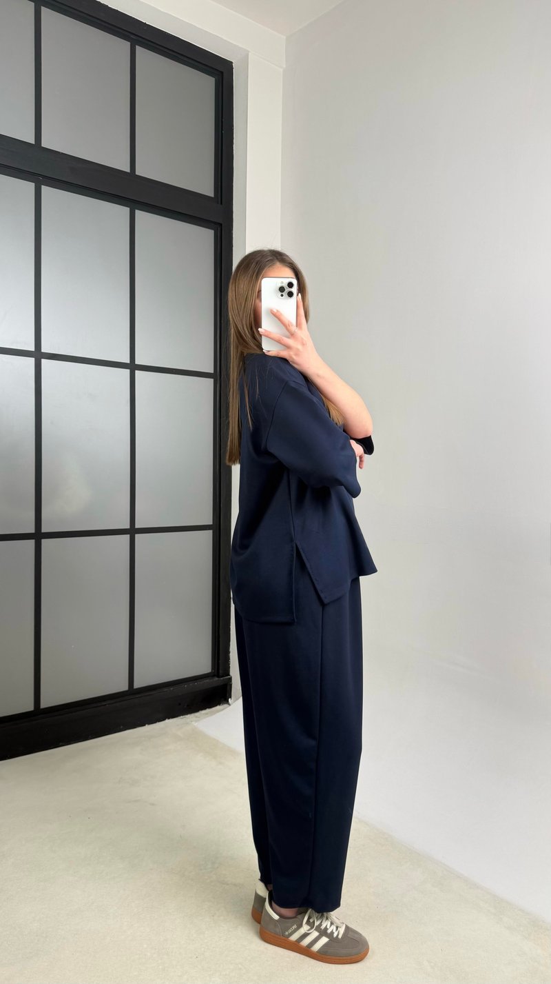 Lacivert Bluz Beli Lastikli Pantolon Modal Kumaş Basic Takım GAUS-01132