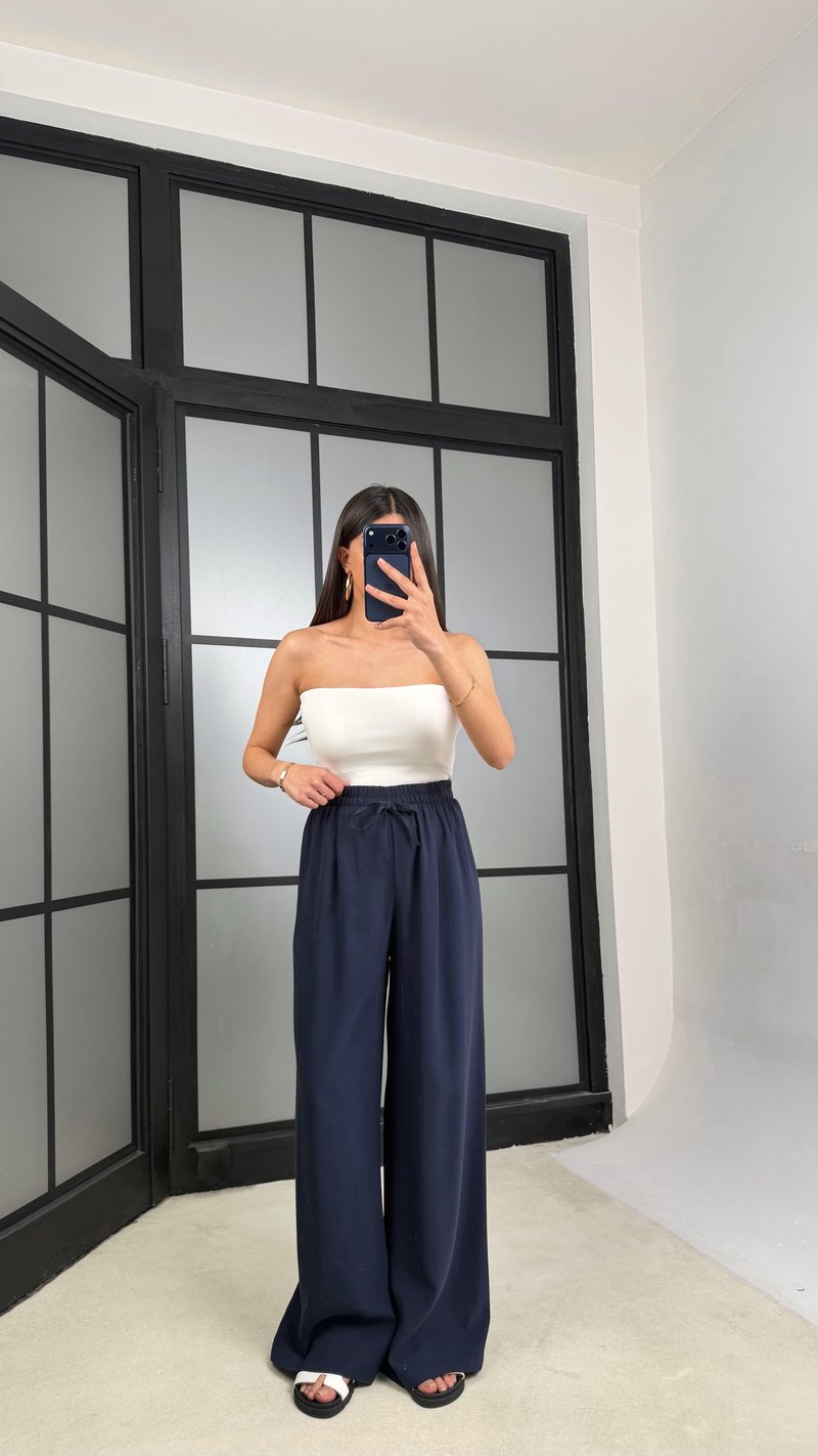 Lacivert Beli Lastikli Tencel Pantolon GAUS-01331