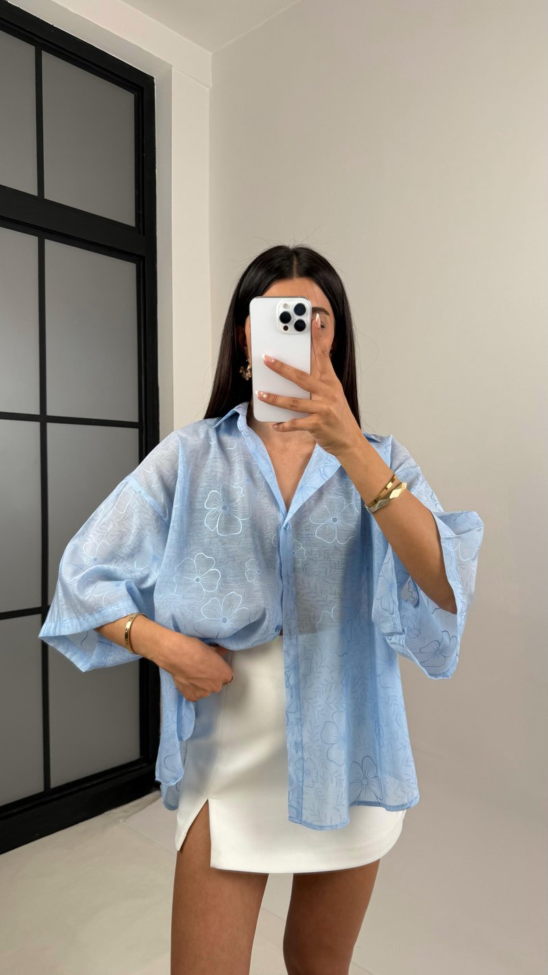 Mavi Çiçek Desenli Tencel Gömlek Gaus00544