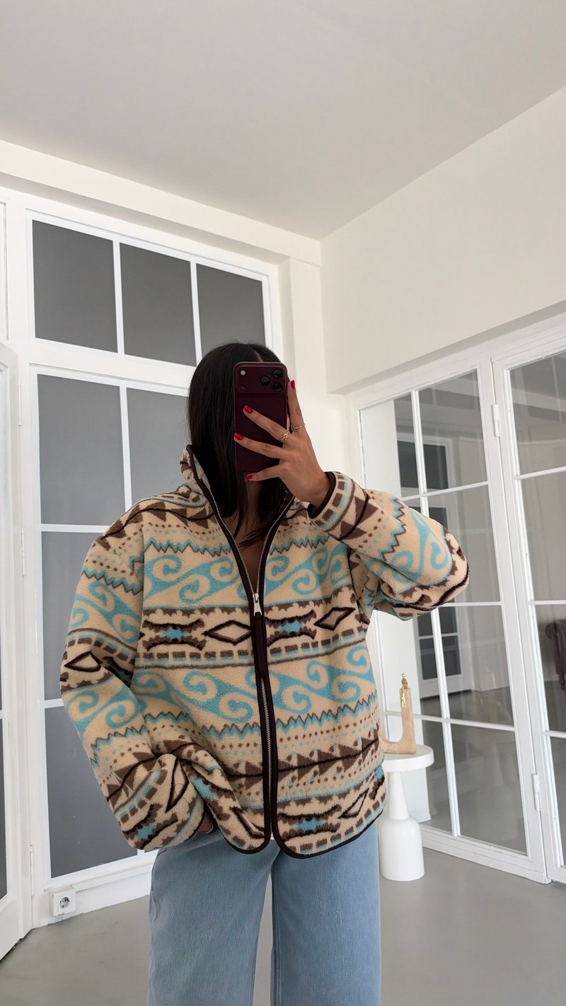 Turkuaz Vintage Desenli Fermuarlı Polar Sweatshirt GAUS-01916 GAUS-02224