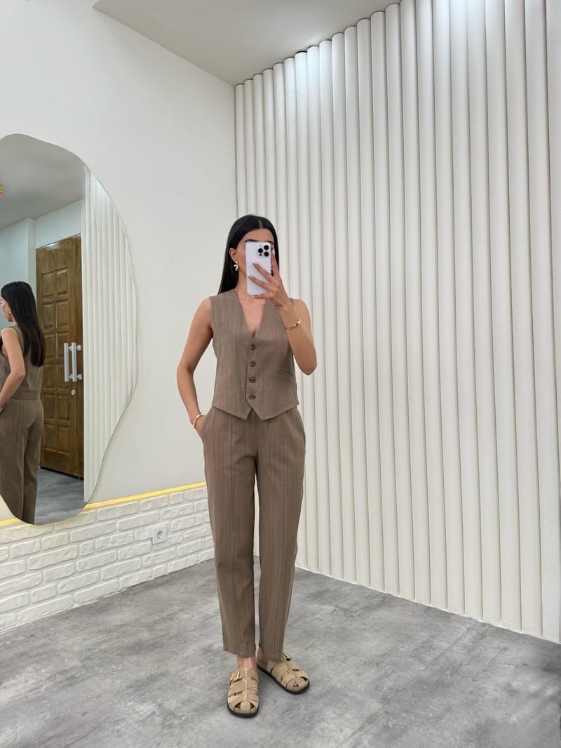 Kahve Yelekli Beli Lastikli Pantolon İkili Keten Takım Gaus00276