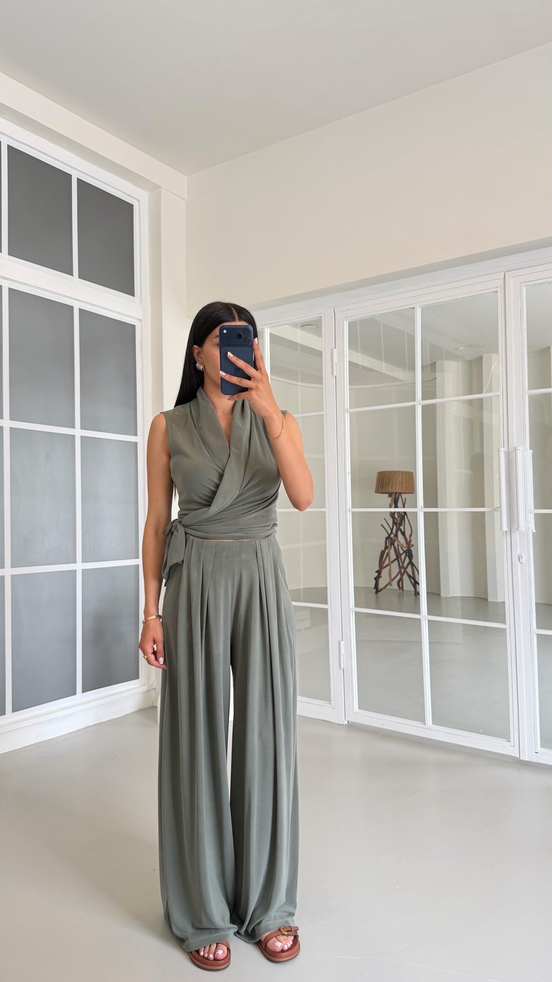 Haki OYS Model Bağlama Detaylı Bluz Beli Lastikli Pantolon İkili Modal Takım GAUS-01662