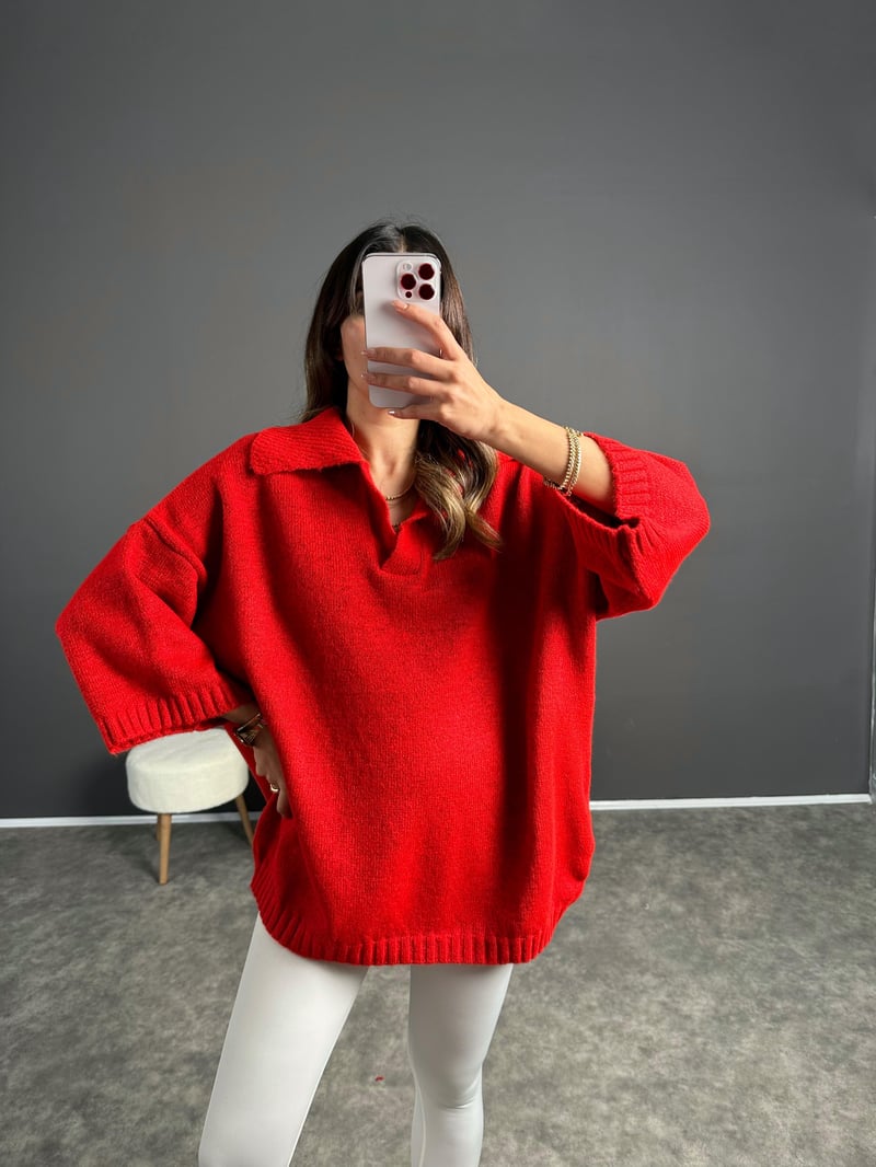 Doi Kırmızı Polo Yaka Triko Oversize Kazak