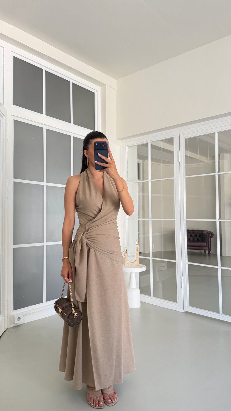 Vizon Halter Yaka Bağlama Detaylı Premium Keten Elbise GAUS-01672