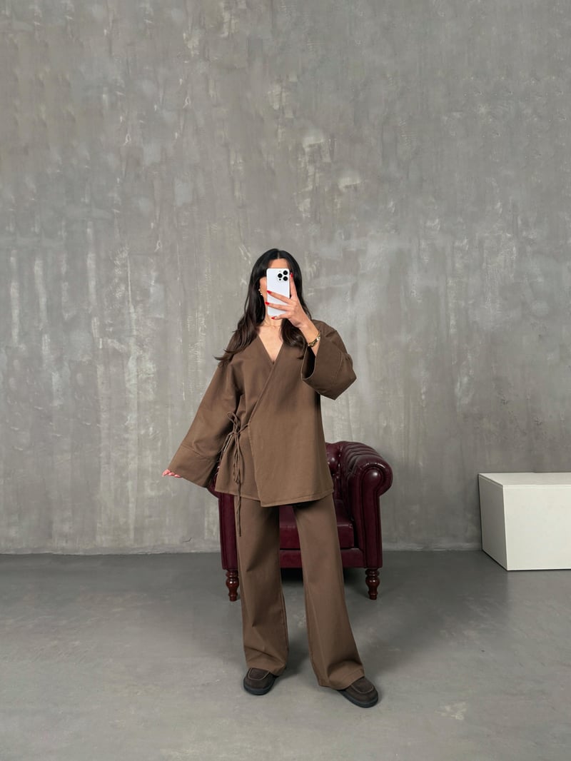 Rozali Kahve Gabardin Kimono İkili Takım