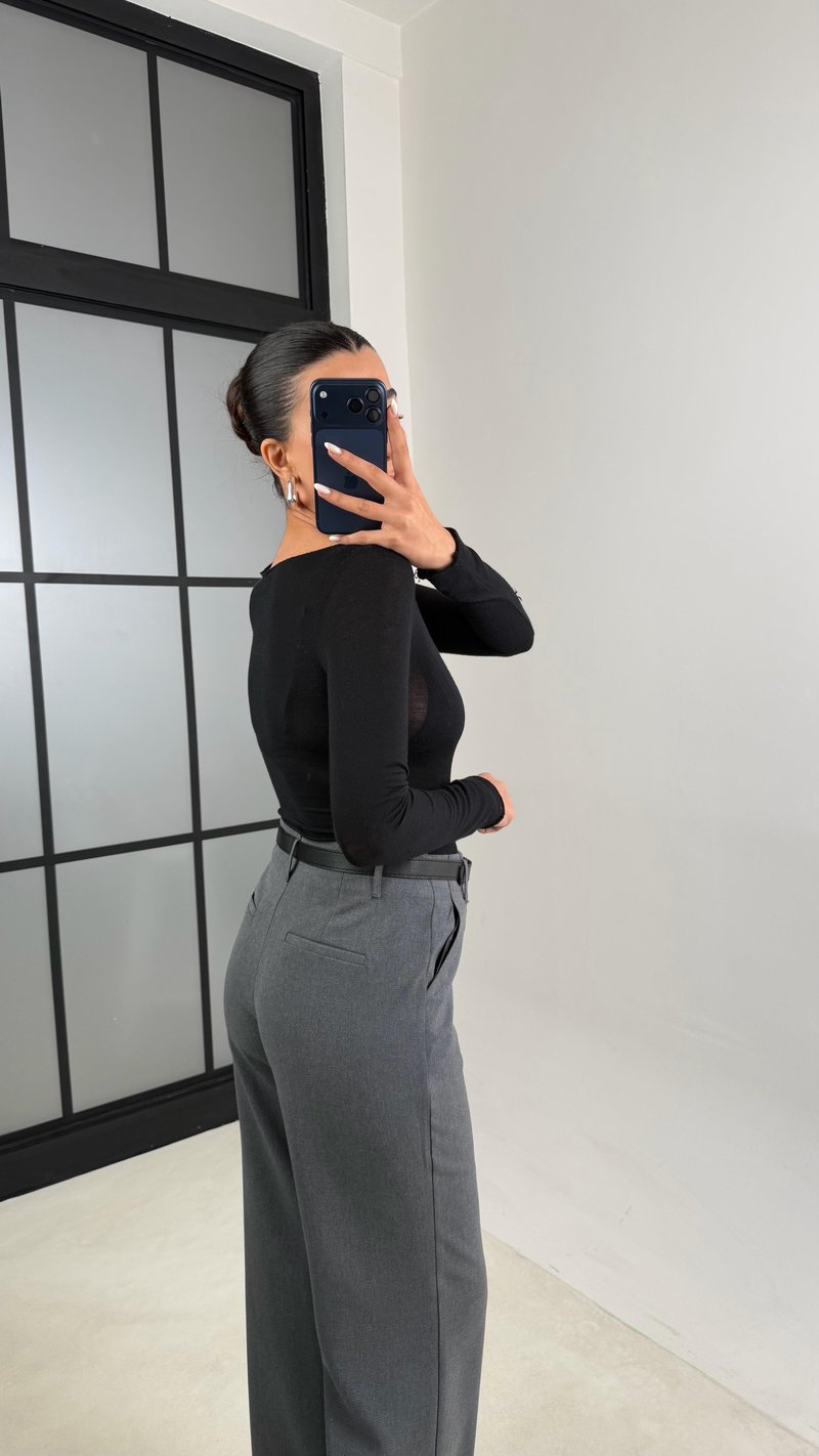 Antrasit Kemerli Paça Detaylı Kumaş Pantolon GAUS-00553