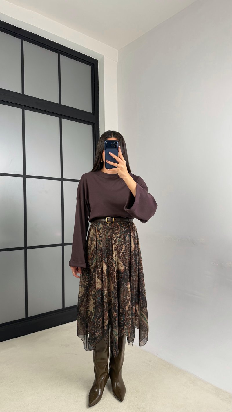 Yeşil Etnik Desenli Beli Lastikli Astarlı Tül Etek GAUS-01133 GAUS-01142