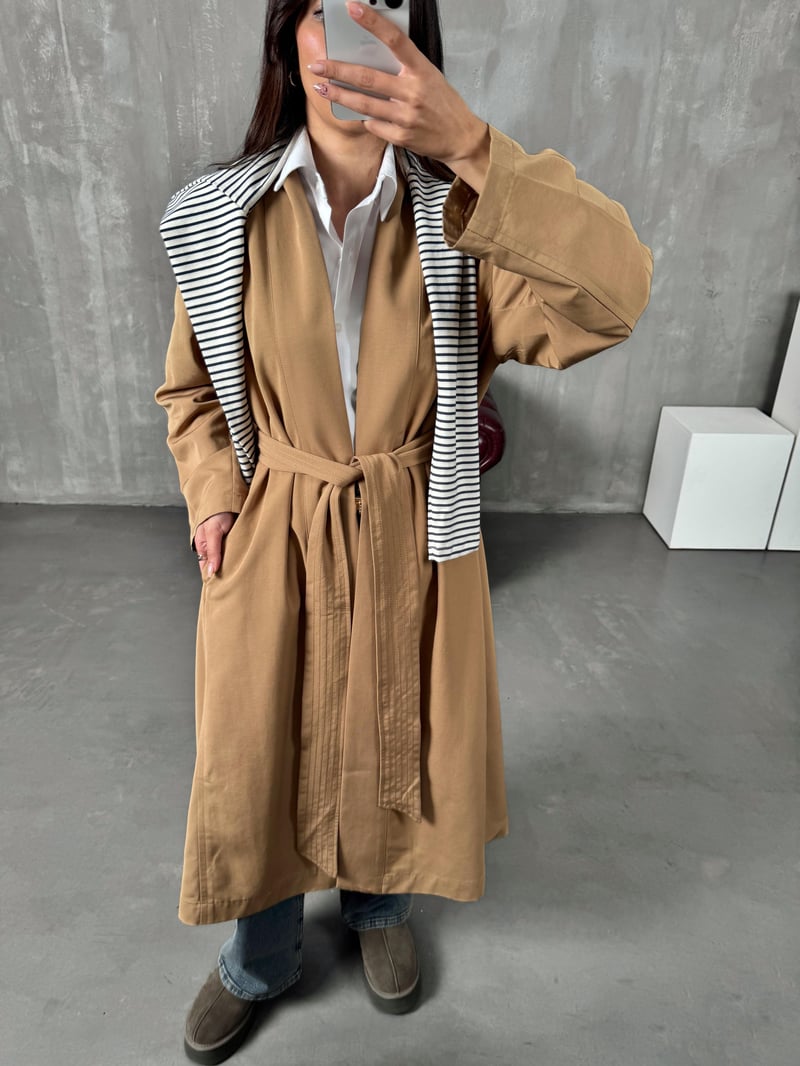 Sindy ZR Camel Muadil Premium Astarsız Kuşaklı Trençkot