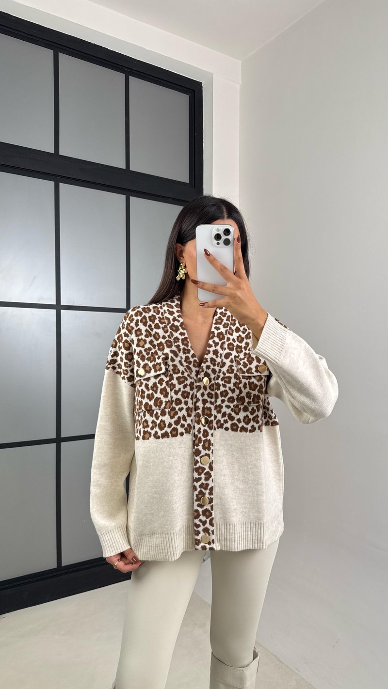 Bej Leopar Desenli Cepli Triko Hırka GAUS-00176