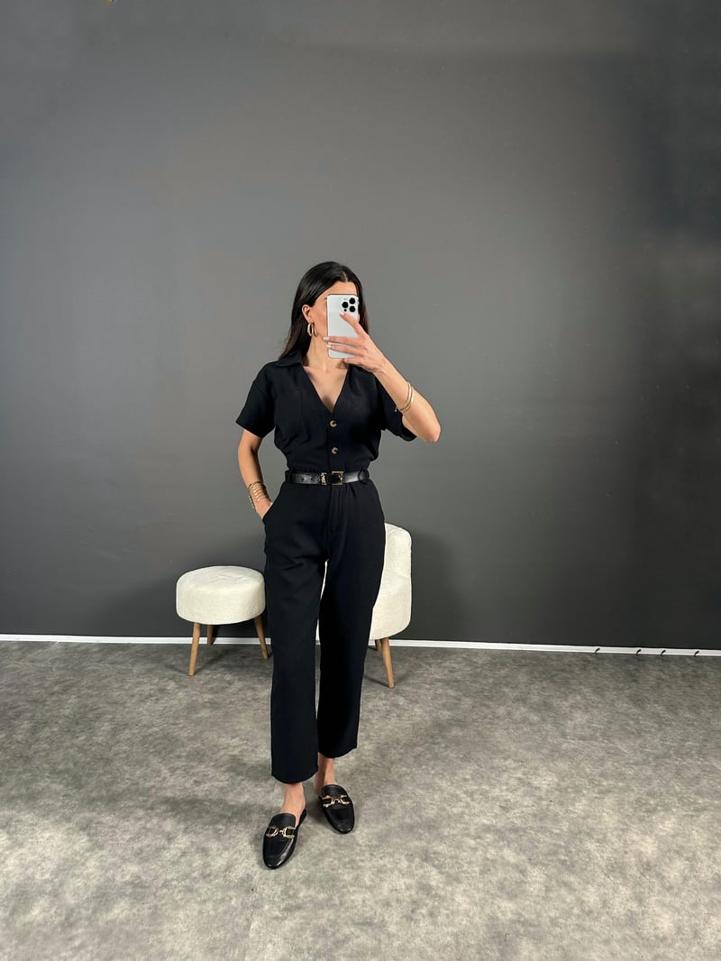 Holi Siyah Arkası Lastikli Premium Keten Tulum