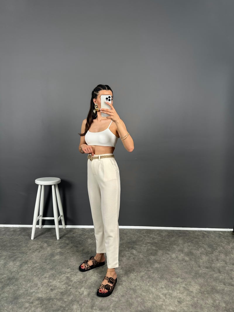 Elvin Taş Hasır Kemerli Beli Lastikli Pantolon 